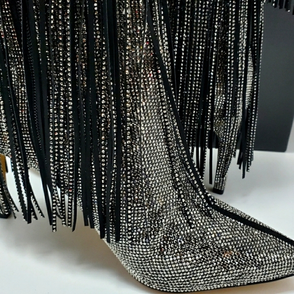 NWT Fringe Rhinestone Beaded Heeled Knee-High Boots Pointed Toe Metallic Boot - Picture 10 of 16